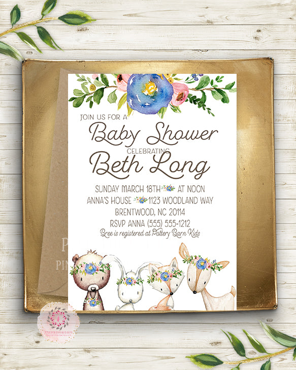 Woodland Animals Invite Invitation Baby Shower Boho Watercolor Birth Announcement Bear Deer Fox Bunny Blue Printable