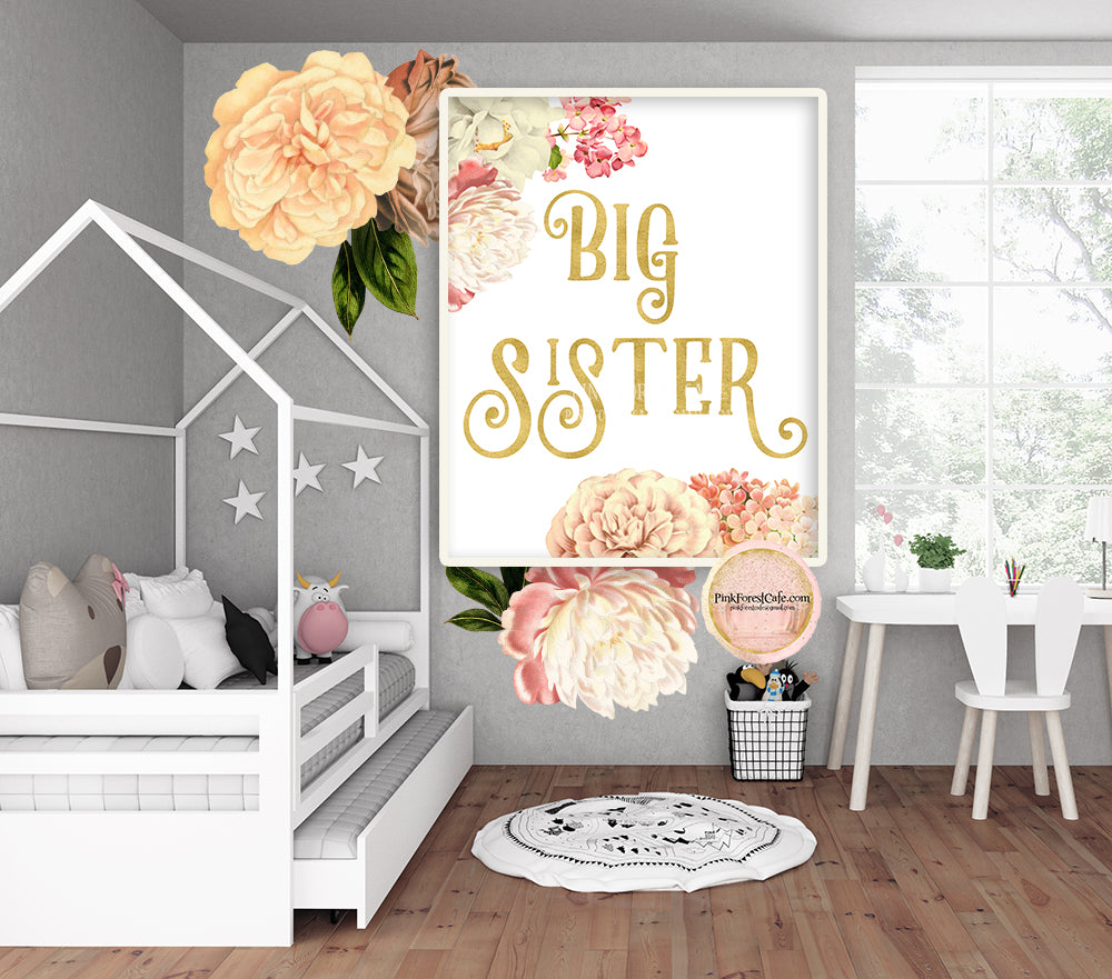 Boho Big Sister Wall Art Print Girl Gold Peony Floral Chic Nursery Printable Decor