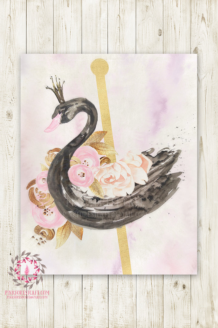 Ethereal Carousel Black Swan Baby Girl Nursery Wall Art Print Boho Pin ...