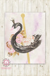 Ethereal Carousel Black Swan Baby Girl Nursery Wall Art Print Boho Pink Gold Merry Go Round Bohemian Blush Kids Bedroom Room Printable Decor