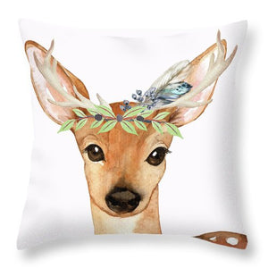 Blue Feather Woodland Boho Deer - Throw Pillow