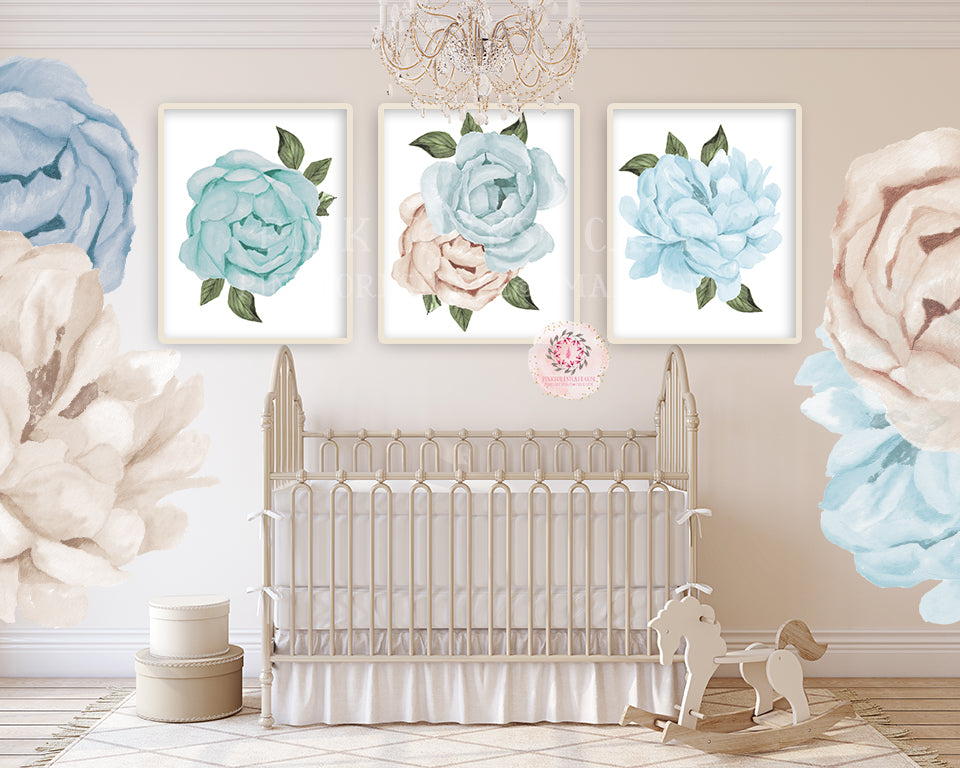 3 Boho Blue Blush Peonies Set Baby Girl Nursery Wall Art Print Ethereal Whimsical Floral Printable Peony Decor