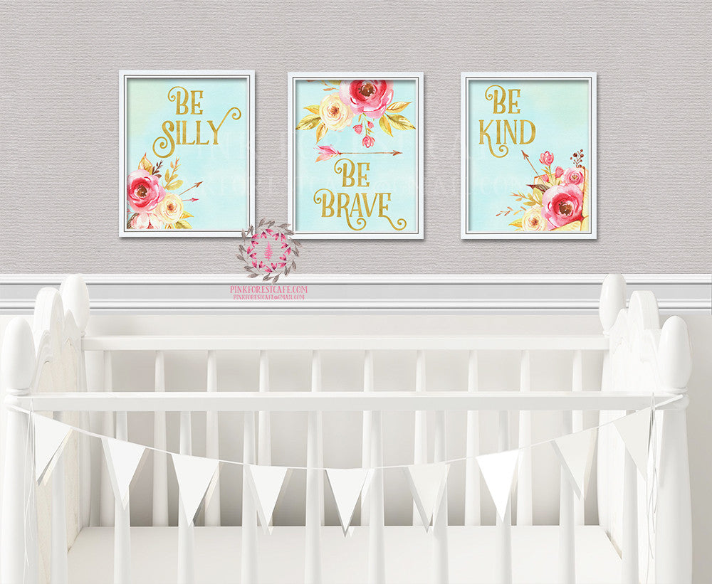 Be Silly Kind Brave Set Boho Nursery Decor Baby Girl Wall Art Watercolor Floral Printable Print