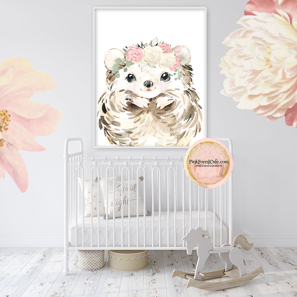 Boho Blush Floral Hedgehog Woodland Wall Art Print Nursery Baby Girl Bohemian Room Printable Decor
