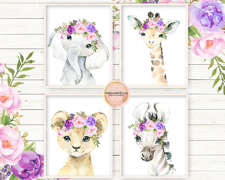 4 Purple Zoo Peony Wall Art Prints Elephant Lion Giraffe Zebra Baby Girl Nursery Bohemian Floral Baby Room Decor