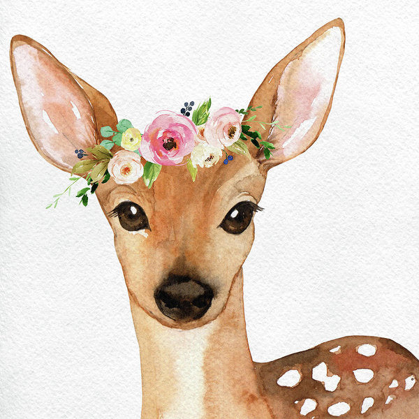 Boho Deer Watercolor Floral Woodland - Art Print