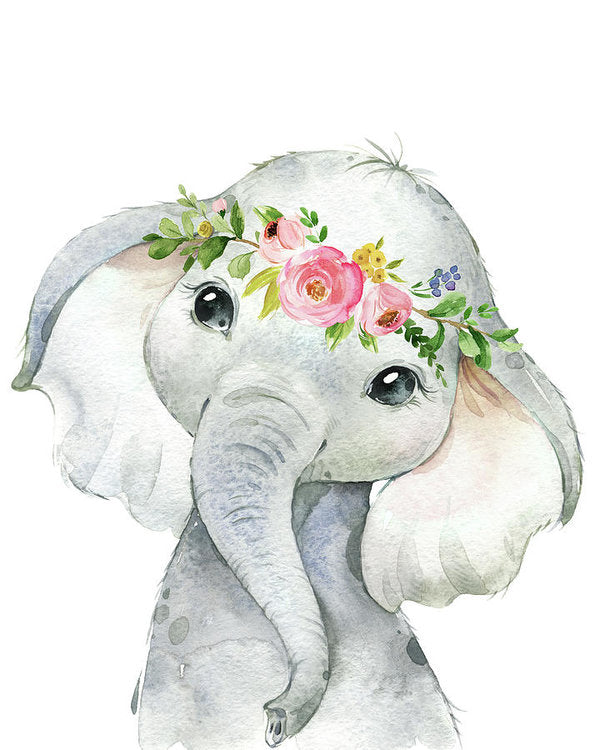 Boho Watercolor Boho Floral Elephant - Art Print