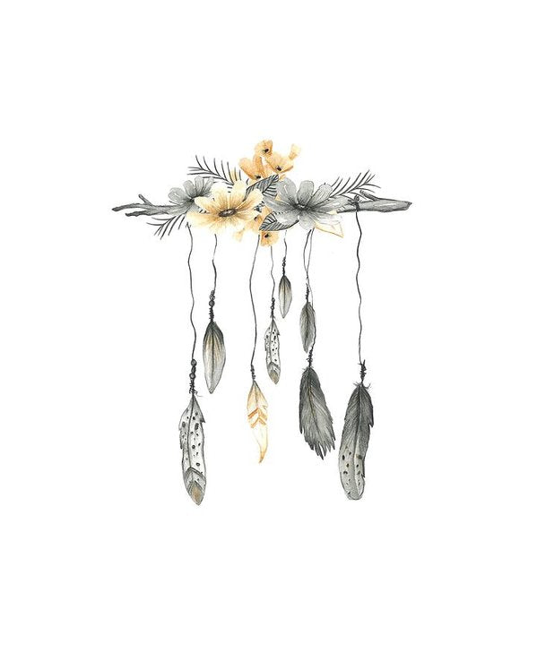 Boho Feathers Floral Branch - Art Print