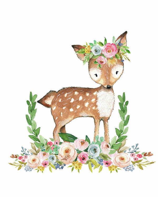Boho Woodland Baby Girl Nursery Deer Floral Watercolor Wall Art Print