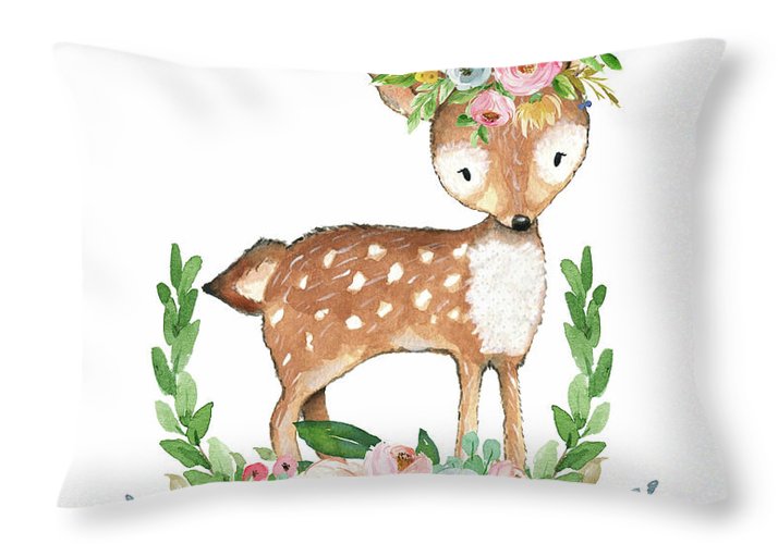 Boho Woodland Baby Nursery Deer Floral Watercolor Throw Pillow