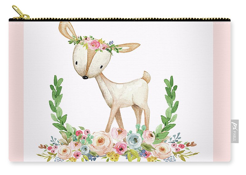 Boho Woodland Baby Nursery Deer Floral Watercolor Print - Carry-All Pouch
