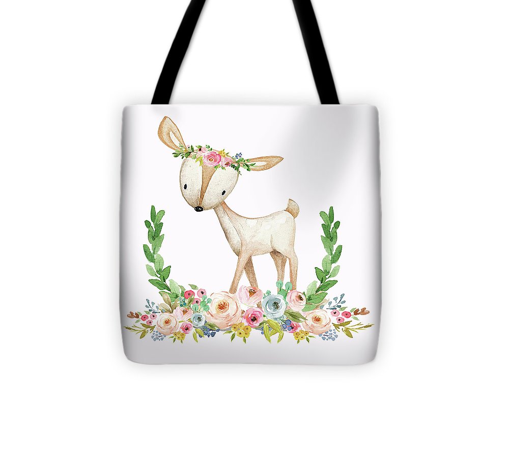 Boho Woodland Baby Nursery Deer Floral Watercolor Print - Tote Bag