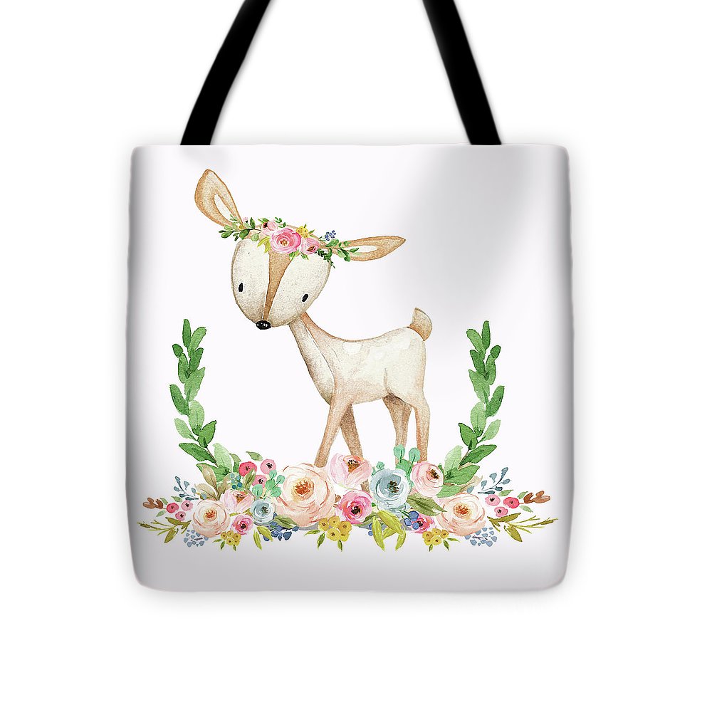 Boho Woodland Baby Nursery Deer Floral Watercolor Print - Tote Bag