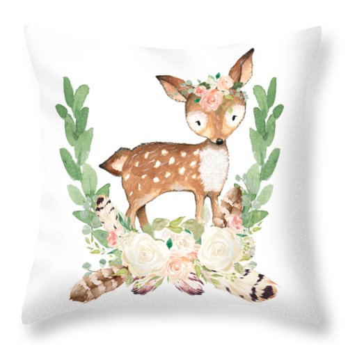 Boho Woodland Blush Dear With Feathers - Throw Pillow