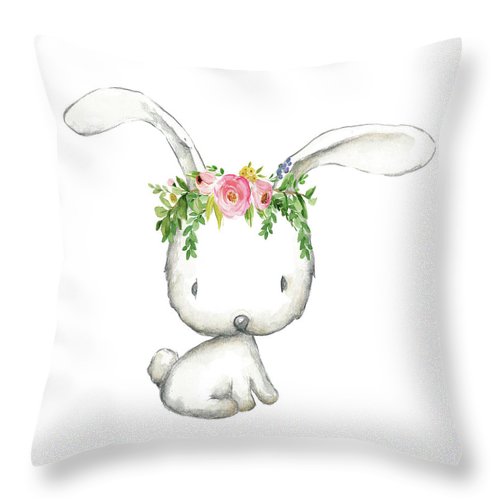 Boho Woodland Bunny Floral Watercolor Throw Pillow Baby Girl Nursery Room Home Decor