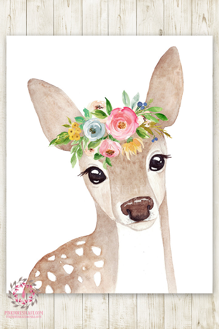 Boho Watercolor Deer Woodland Wall Art Print Nursery Garden Floral Baby Girl Printable Room Decor