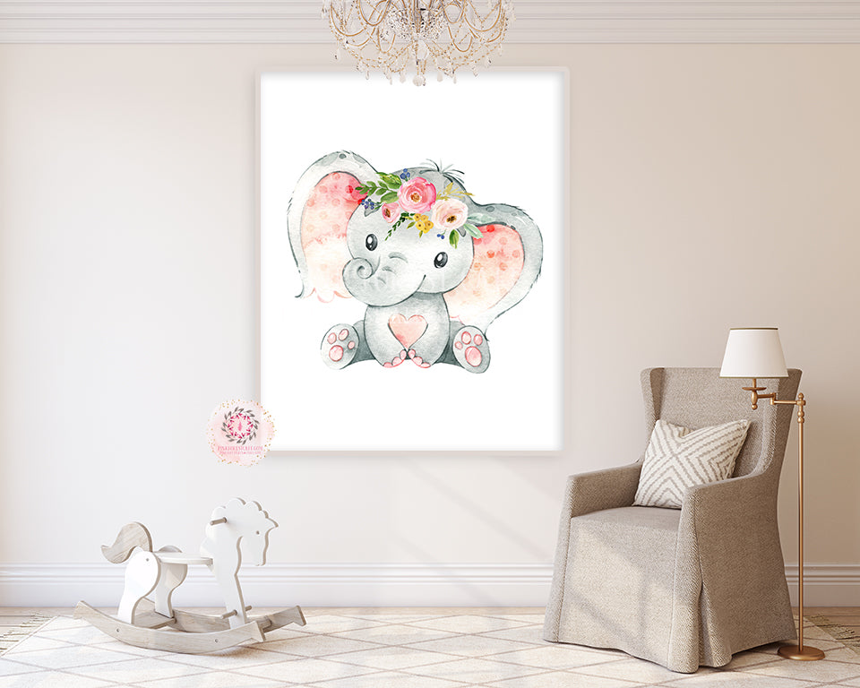 Boho Elephant Wall Art Print Baby Girl Nursery Whimsical Zoo Safari Animal Watercolor Printable Decor