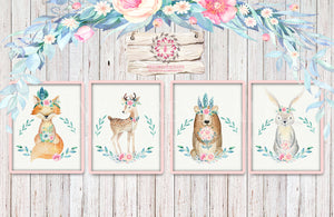 Boho Bear Deer Bunny Fox Printable Print Wall Art Bohemian Floral Feather Woodland Nursery Baby Girl Room Decor
