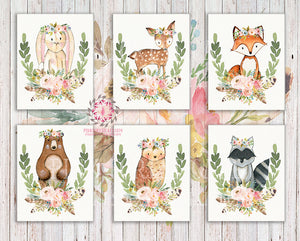 SALE 6 Bunny Bear Deer Wall Art Print Fox Woodland Boho Bohemian Feather Floral Nursery Baby Girl Room Lot Set 6 Prints Printable Decor