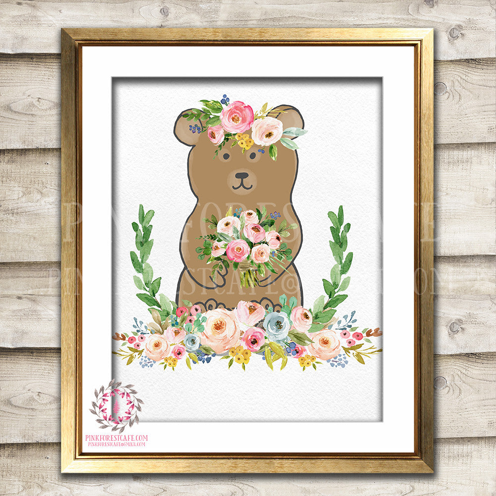 Boho Bohemian Bear Woodland Printable Wall Art Print Garden Floral Nursery Baby Girl Room Decor