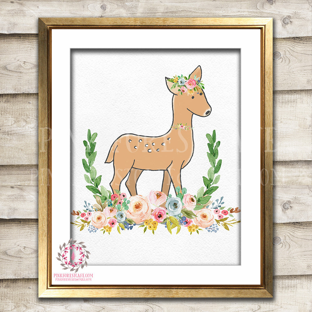 Boho Bohemian Deer Woodland Printable Wall Art Print Garden Floral Nursery Baby Girl Room Decor