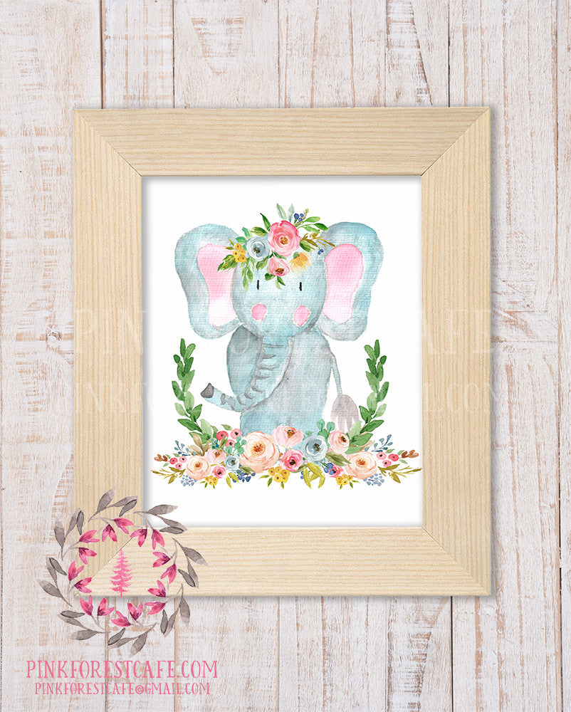 Elephant Zoo Boho Wall Art Print Bohemian Garden Floral Nursery Baby Girl Room Playroom Printable Decor