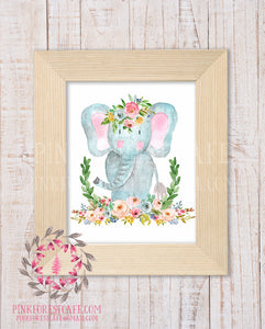 Elephant Zoo Boho Wall Art Print Bohemian Garden Floral Nursery Baby Girl Room Playroom Printable Decor