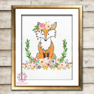 Boho Bohemian Fox Woodland Printable Wall Art Print Garden Floral Nursery Baby Girl Room Decor