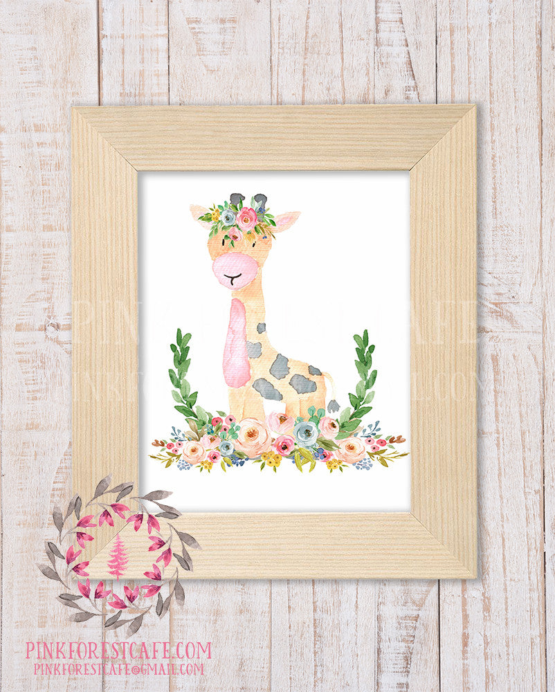 Giraffe Zoo Boho Bohemian Garden Floral Nursery Baby Girl Room Playroom Prints Printable Print Wall Art Home Decor