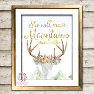 She Will Move Mountains When She Wakes Wall Art Print Blush Deer Boho Bohemian Watercolor Gold Floral Nursery Baby Girl Room Printable Decor