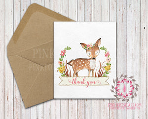 Boho Woodland Deer Fawn Baby Bridal Shower Party Thank You Card Note Floral Printable