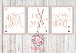 Gypsy Soul Free Spirit Wild Heart Set of 3 Boho Blush Tribal Arrow Nursery Baby Girl Room Printable Print Wall Decor