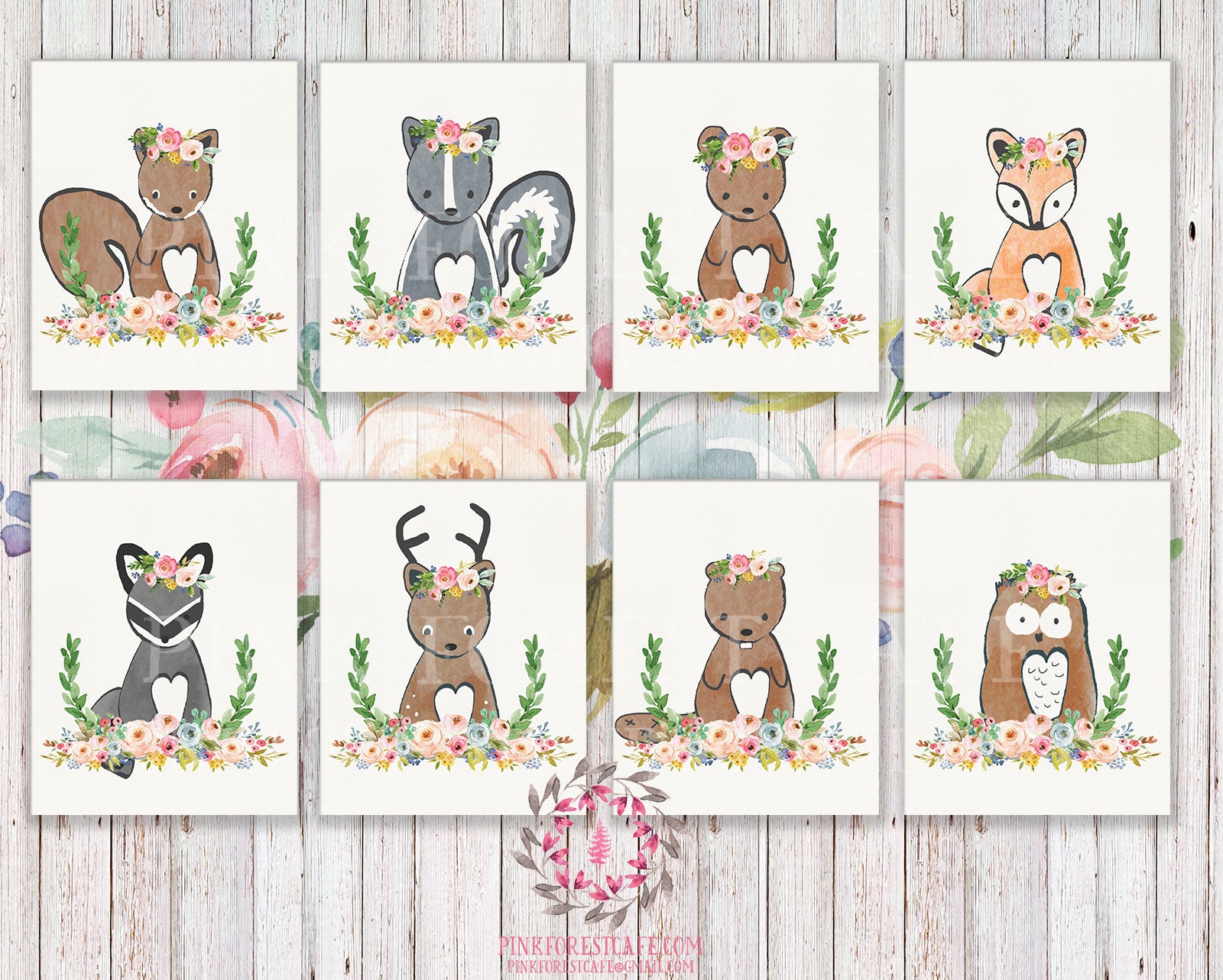 Set Lot of 8 Woodland Boho Bohemian Floral Nursery Baby Girl Room Prints Printable Print Wall Art Decor