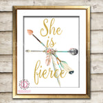 She Is Fierce Arrow Feather Boho Bohemian Watercolor Gold Floral Nursery Baby Girl Room Prints Printable Print Wall Art Decor Print