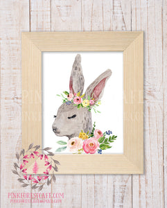 Bunny Rabbit Woodland Boho Nursery Decor Baby Girl Wall Art Watercolor Floral Printable Print