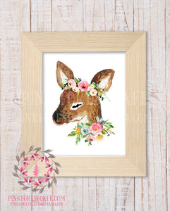 Deer Woodland Boho Nursery Decor Baby Girl Wall Art Watercolor Floral Printable Print