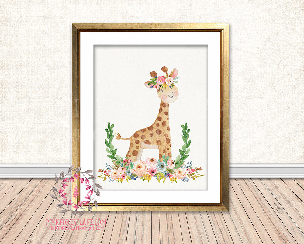 Giraffe Zoo Boho Bohemian Garden Floral Nursery Baby Girl Room Printable Print Wall Art Home Decor
