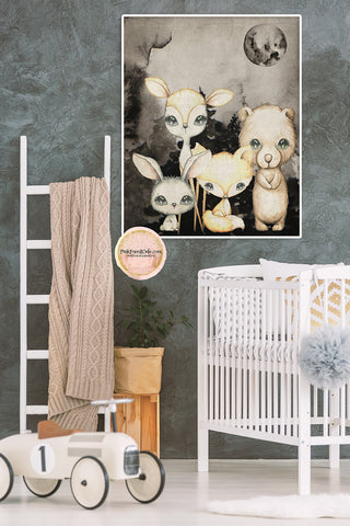 Woodland Fox Bunny Bear Deer Wall Art Print Ethereal Bohemian Boho Nursery Baby Moon Watercolor Printable Decor