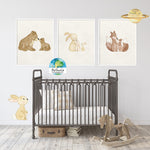 3 Kissing Bunnies Bear Fox Bunny Rabbit Wall Art Print Watercolor Baby Nursery Woodland Exclusive Printable Decor