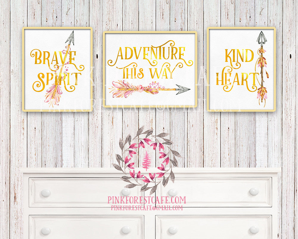 Kind Heart Brave Spirit Adventure This Way Set of 3 Gold Foil Boho Tribal Arrow Nursery Baby Girl Room Printable Print Wall Decor