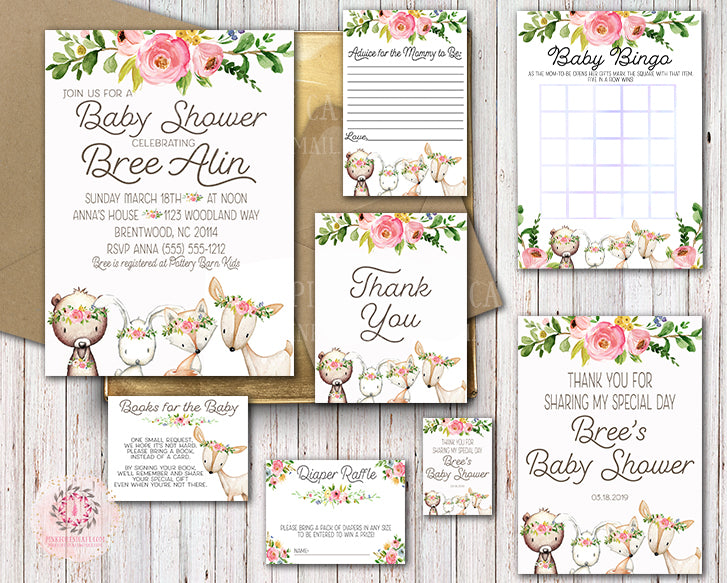 Invitation Suite Woodland Deer Bear Bunny Fox Invite Baby Shower Thank You Card Bingo Book Diaper Sign Favor Tags Boho Floral Watercolor Birth Announcement Printable