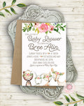 Woodland Deer Bear Bunny Fox Invite Invitation Baby Shower Boho Floral Watercolor Birth Announcement Printable