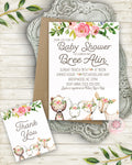 Woodland Deer Bear Bunny Fox Invite Invitation Baby Shower Thank You Card Boho Floral Watercolor Birth Announcement Printable