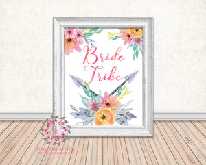 Bride Tribe Boho Watercolor Floral Wedding Party Bridal Shower Printable Print Wall Art Home Decor