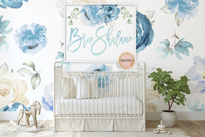 Personalized Custom Calligraphy Baby Girl Name Wall Art Print Blue Boho Peony Watercolor Baby Nursery Printable Decor