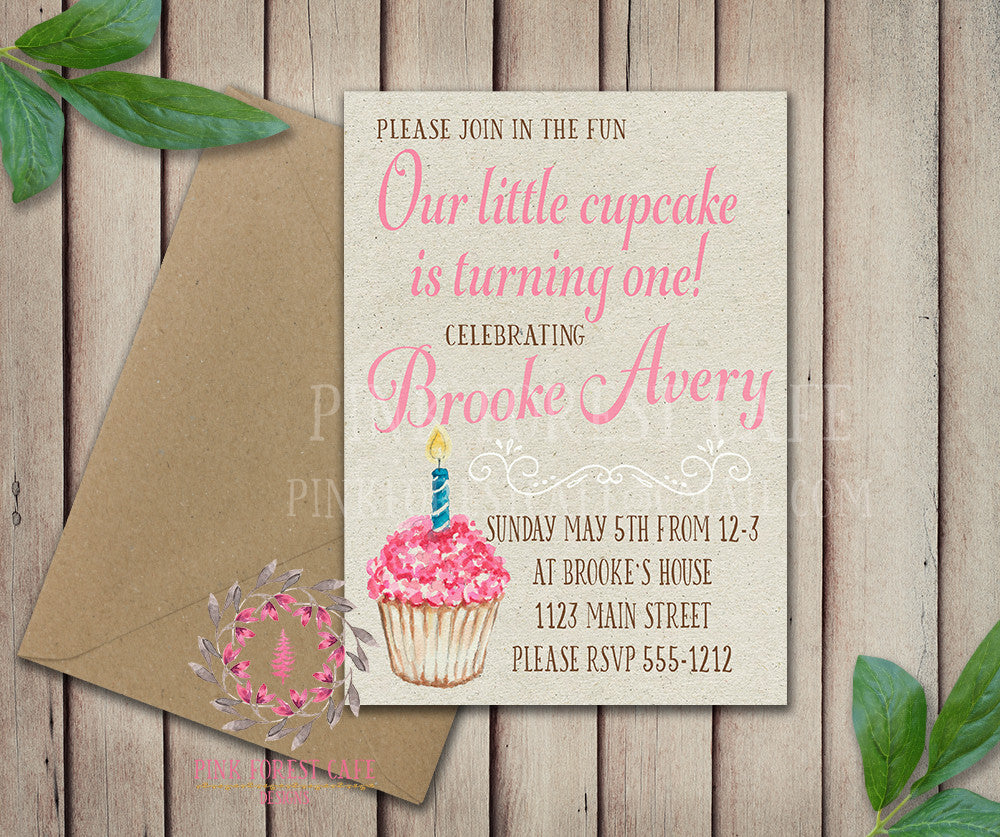 Baby Girl 1st Pink Frosting Candle Cupcake Birthday Party Invitation Announcement Invite Watercolor Printable Art Stationery Card