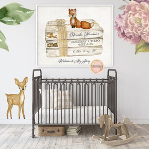 Woodland Bear Bunny Deer Fox Stacked Books Wall Art Print "Welcome To My Story" Birth Stats Baby Name Nursery Printable Decor
