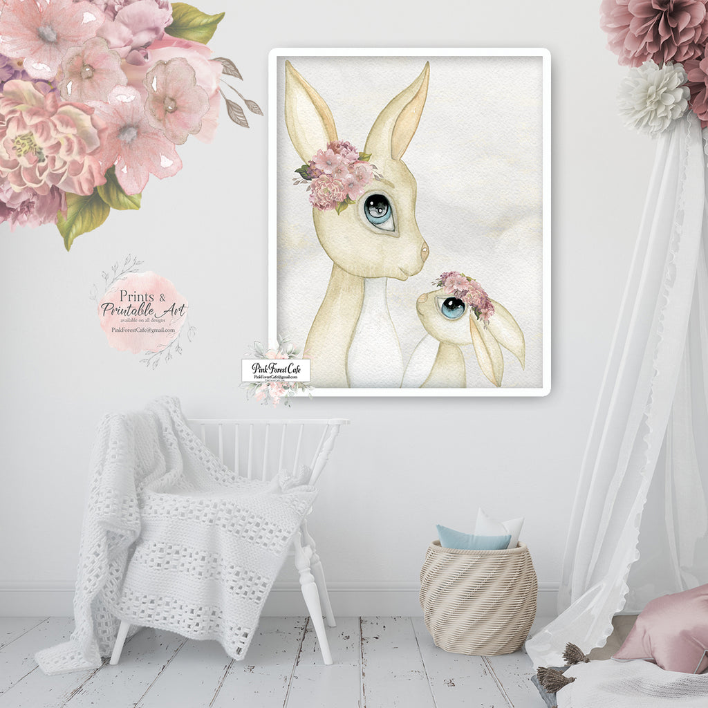 Boho Woodland Bunny Rabbit Mama Wall Art Print Watercolor Baby Nursery Floral Printable Decor