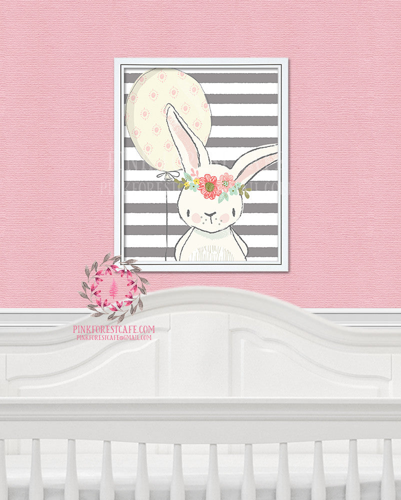 Boho Bunny Rabbit Balloon Woodland Printable Wall Art Nursery Decor Print