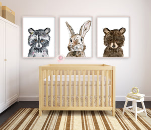3 Bunny Rabbit Raccoon Bear Wall Art Print Woodland Baby Gender Neutral Nursery Bedroom Set Lot Prints Printable Watercolor Decor